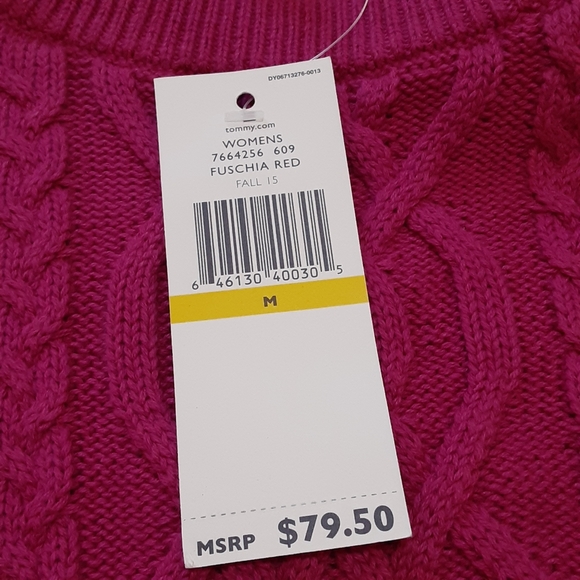 NWT, Tommy Hilfiger, Fuscia Red, Cotton Cable Knit Sweater, Size Medium - Picture 4 of 9